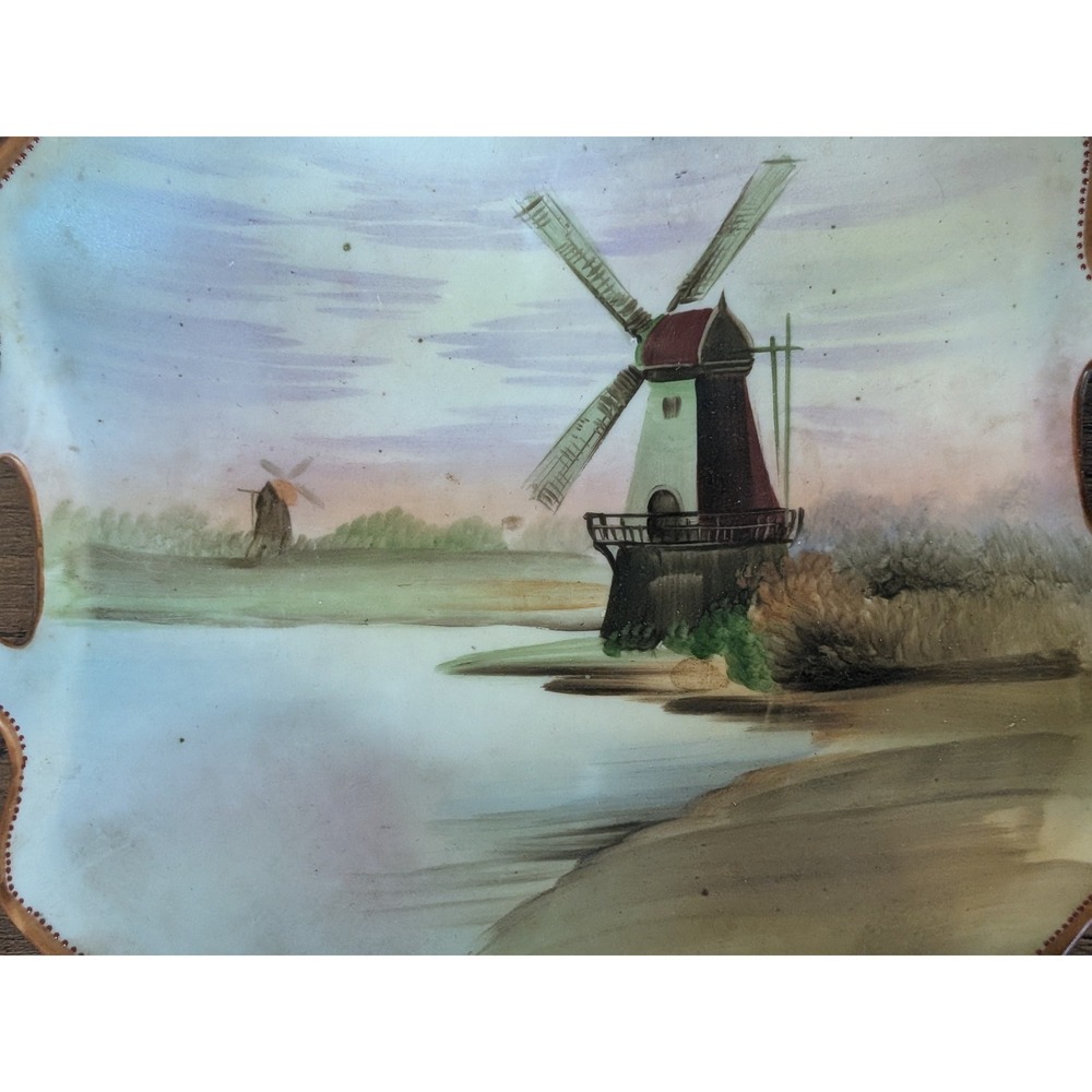 Antique Nippon Hand Painted Windmill Scenic Tray Handled Dish - Picture 2 of 11
